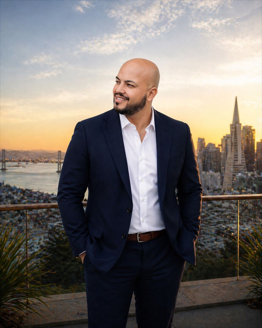 Omar Murillo, Fremont real estate broker, above the San Francisco skyline at sunset